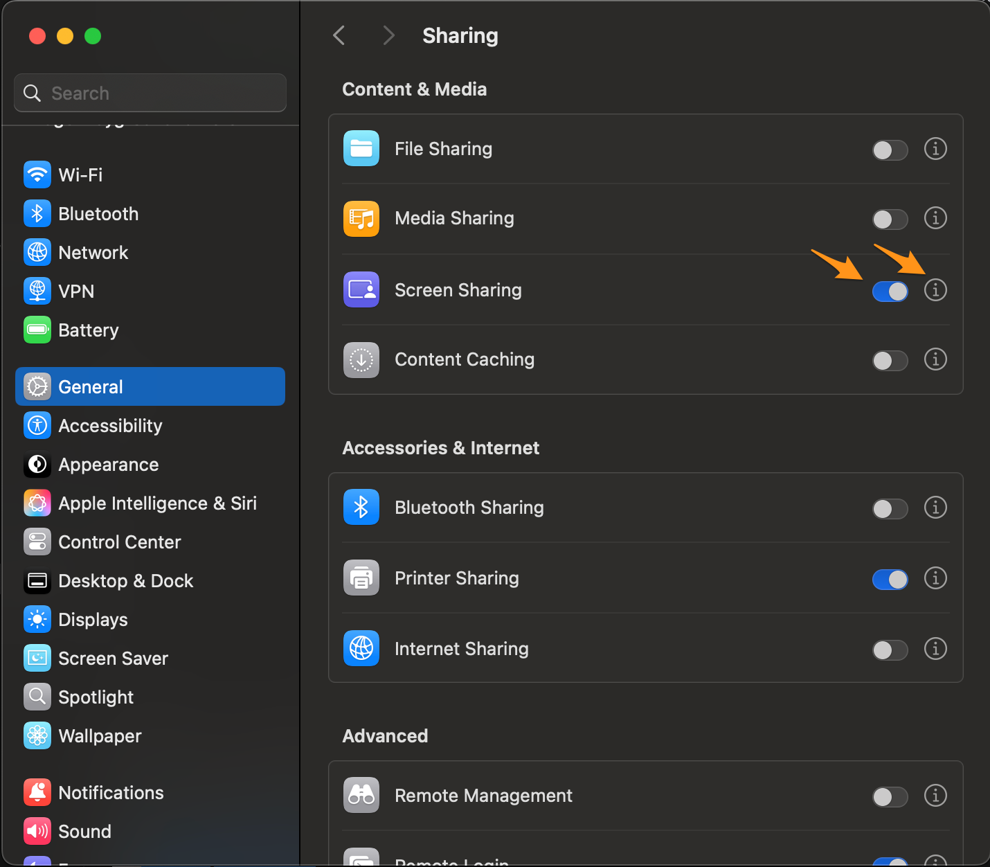 Sharing settings in System Settings